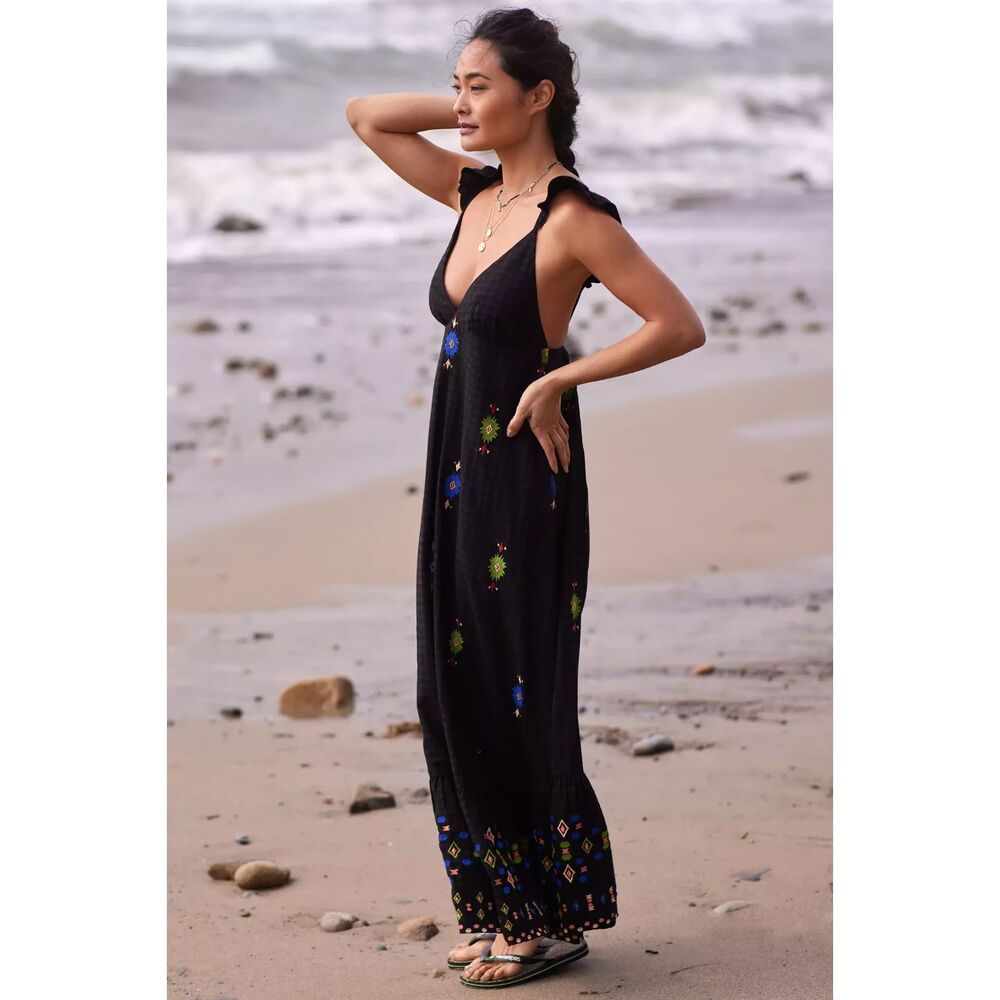 Anthropologie Women's Black V-Neck Long Flowy Embroidered Dress Size XS NWT
